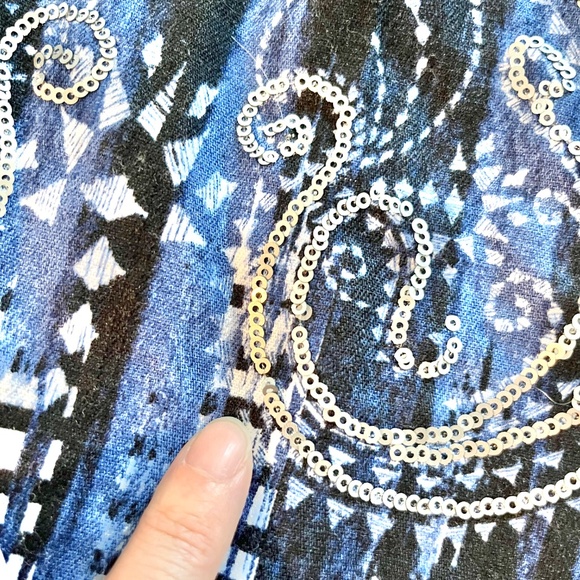 Chico's Linen-Blend Blue Ombre Sequin Paisley Open front Jacket Size 3 - Picture 8 of 9